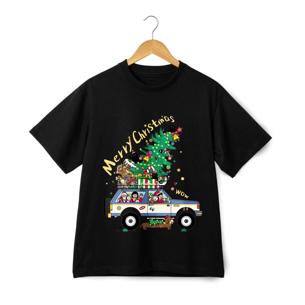 Santa & Pup Christmas Car Graphic T-Shirt-Unisex Festive Casual Holiday Tee
