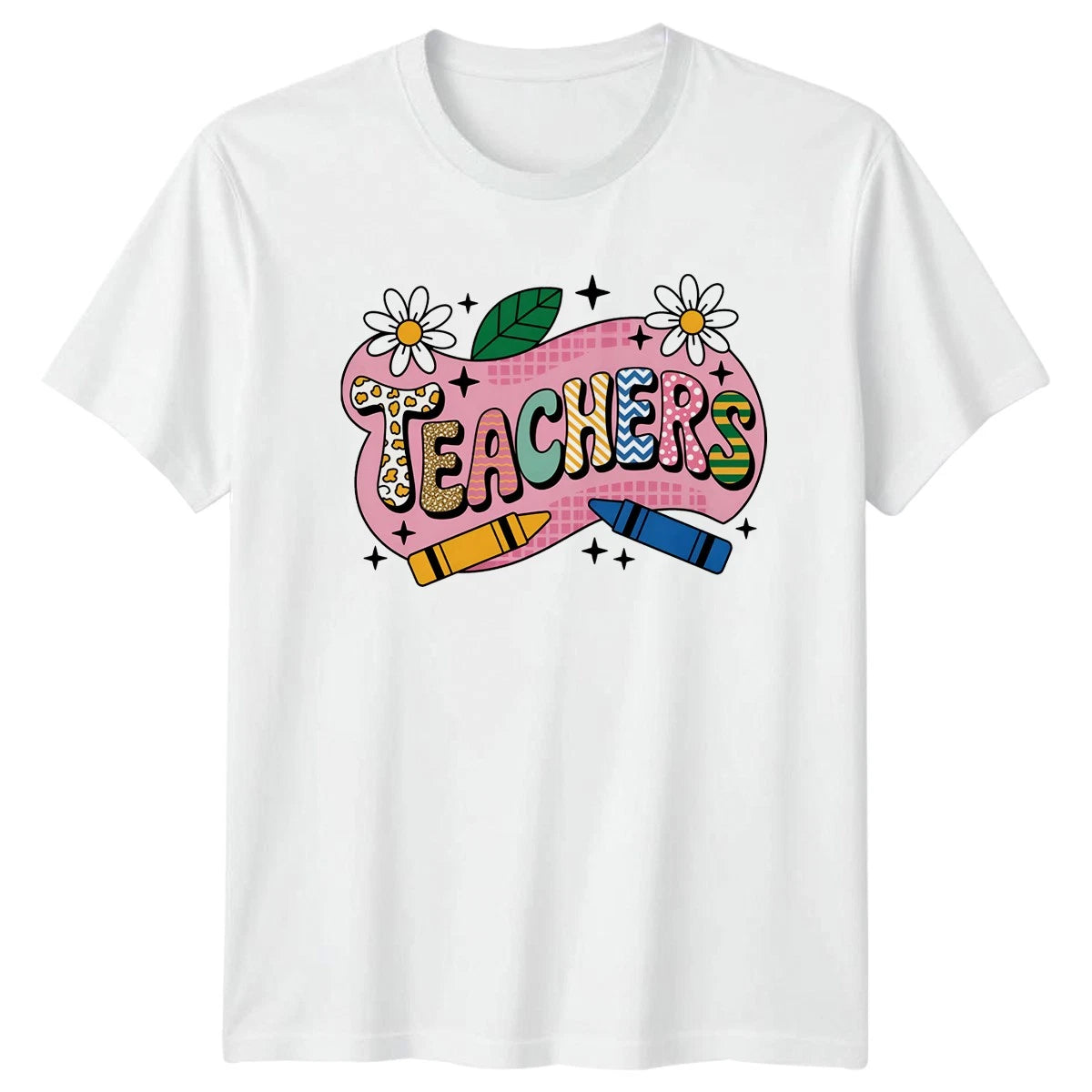 Groovy Boho Style Teachers Crayon Womens T-Shirt Elementary Gift For Her