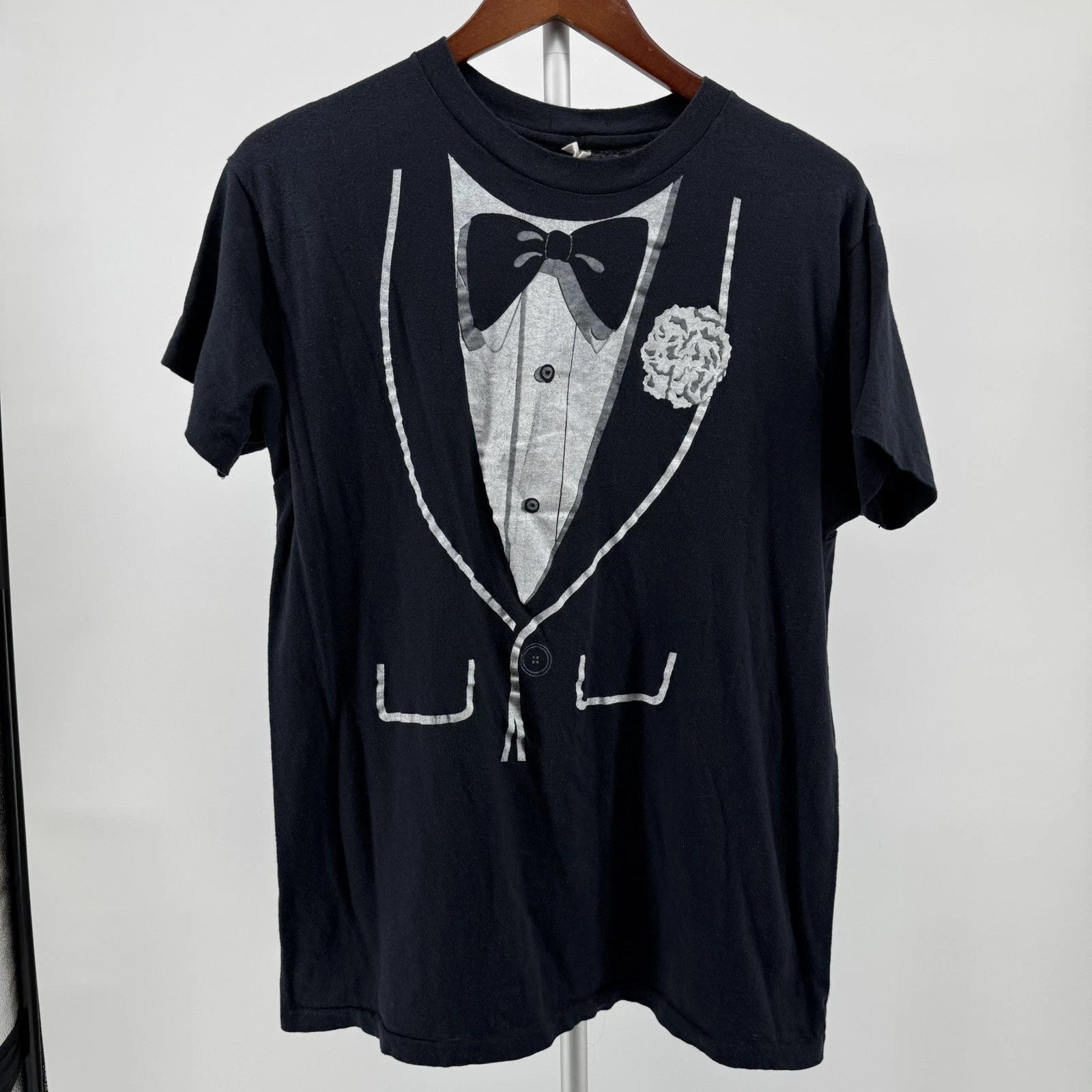 Vintage 80s Tuxedo Faux T-Shirt Men's Size M Black White Rose Single Stitch