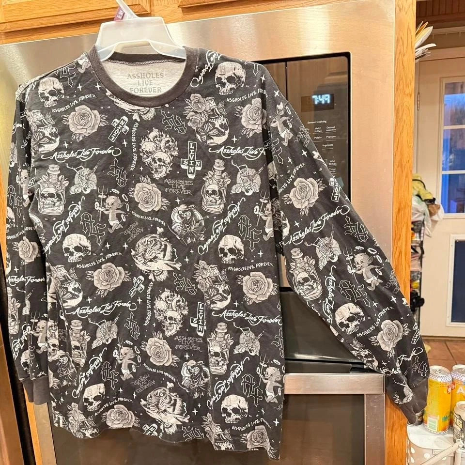A-Holes Live Forever AOP Long Sleeve Grunge Shirt Mens Size Large Skater Goth