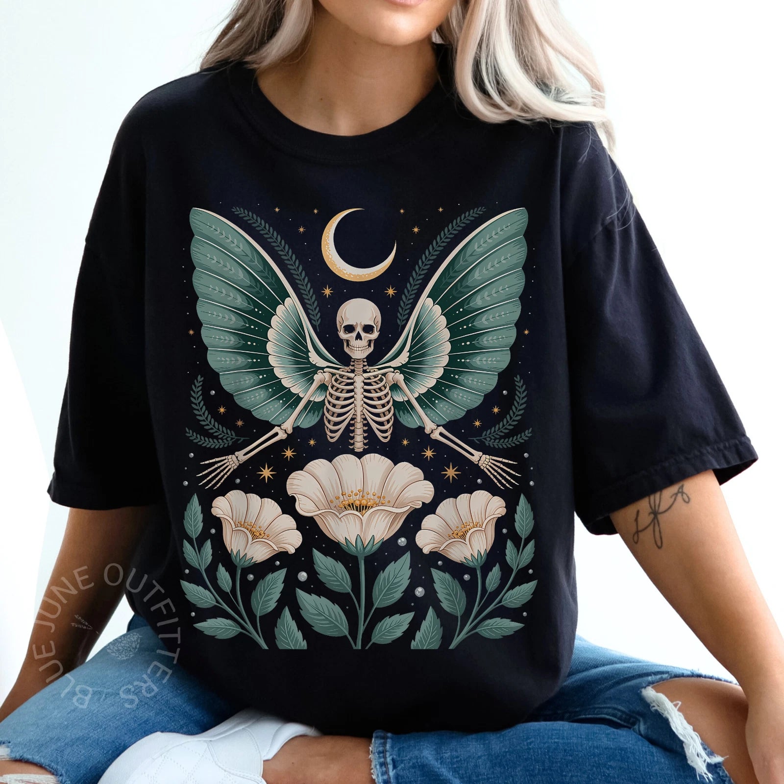 Comfort Colors Skeleton Moth Moon T-Shirt Witchy Gothic Celestial Tee SM-4XL