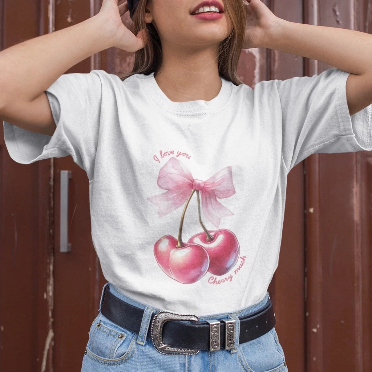 I Love You Cherry Much Graphic T-Shirt Cute Pink Bow Vintage Aesthetic Casual