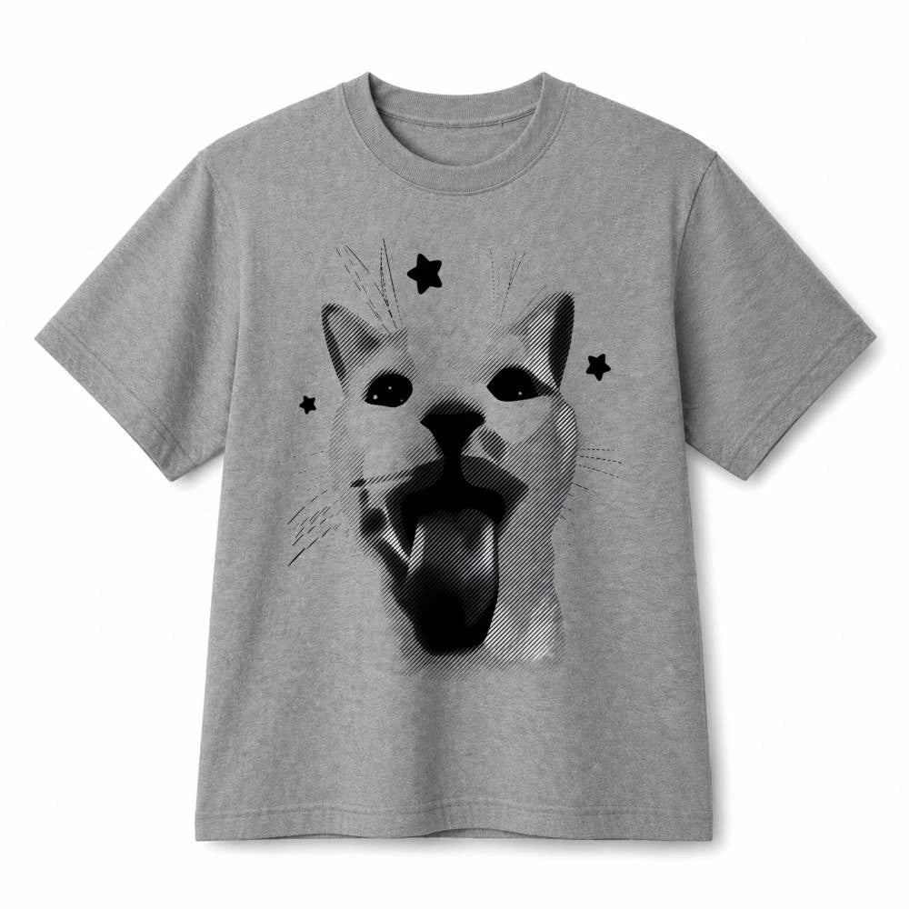 Funny Cat Face With Stars Meme Casual Retro Graphic Cotton T-Shirt Unisex