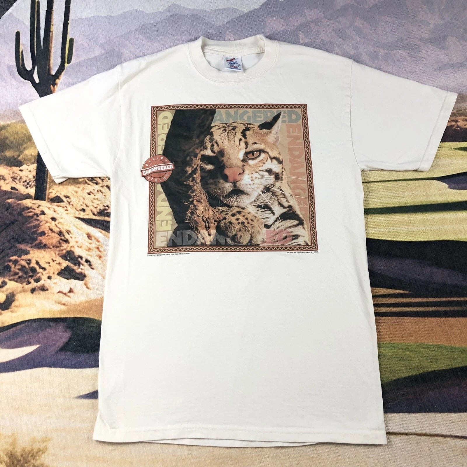 Vintage 90s Ocelot Cat Nature Art Tee Adult Size Small T Shirt Endangered Animal