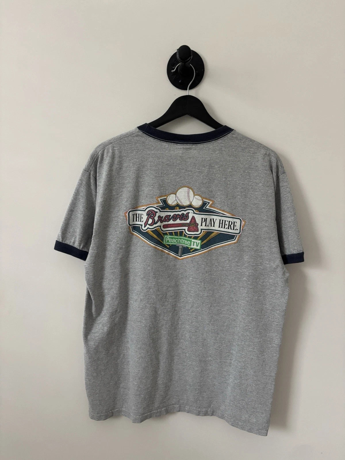 Vintage Atlanta Braves Shirt Mens Large Gray 2000s Ringer Baseball MLB