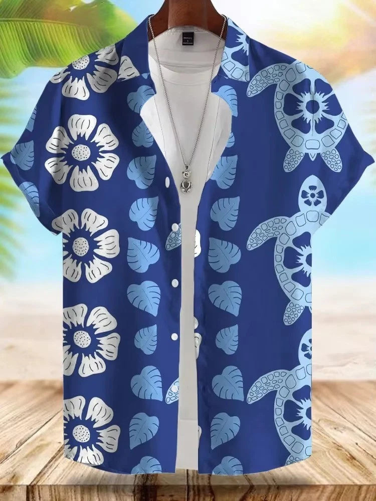 Mens Button Down Blue Sea Turtle Floral Hawaiian Novelty Holiday Summer Shirt