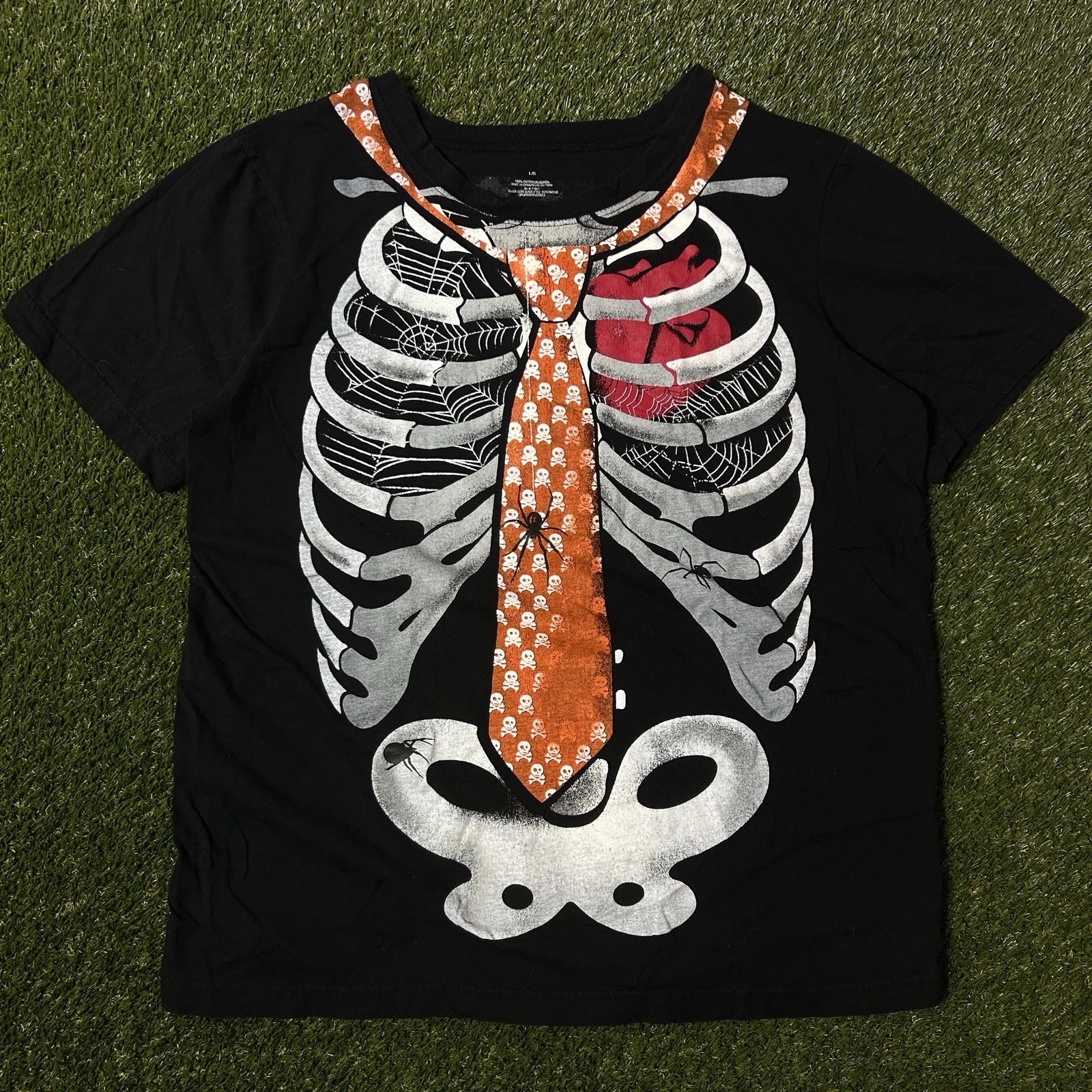 Y2K Grunge Halloween Skeleton Ribcage Spider Graphic Tie T-Shirt