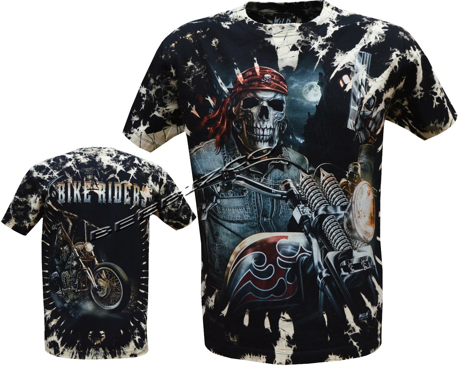 Grim Reaper Pirate Bike Rider Glow In Dark Tattoo Goth Tye Dye T-Shirt M - 3XL