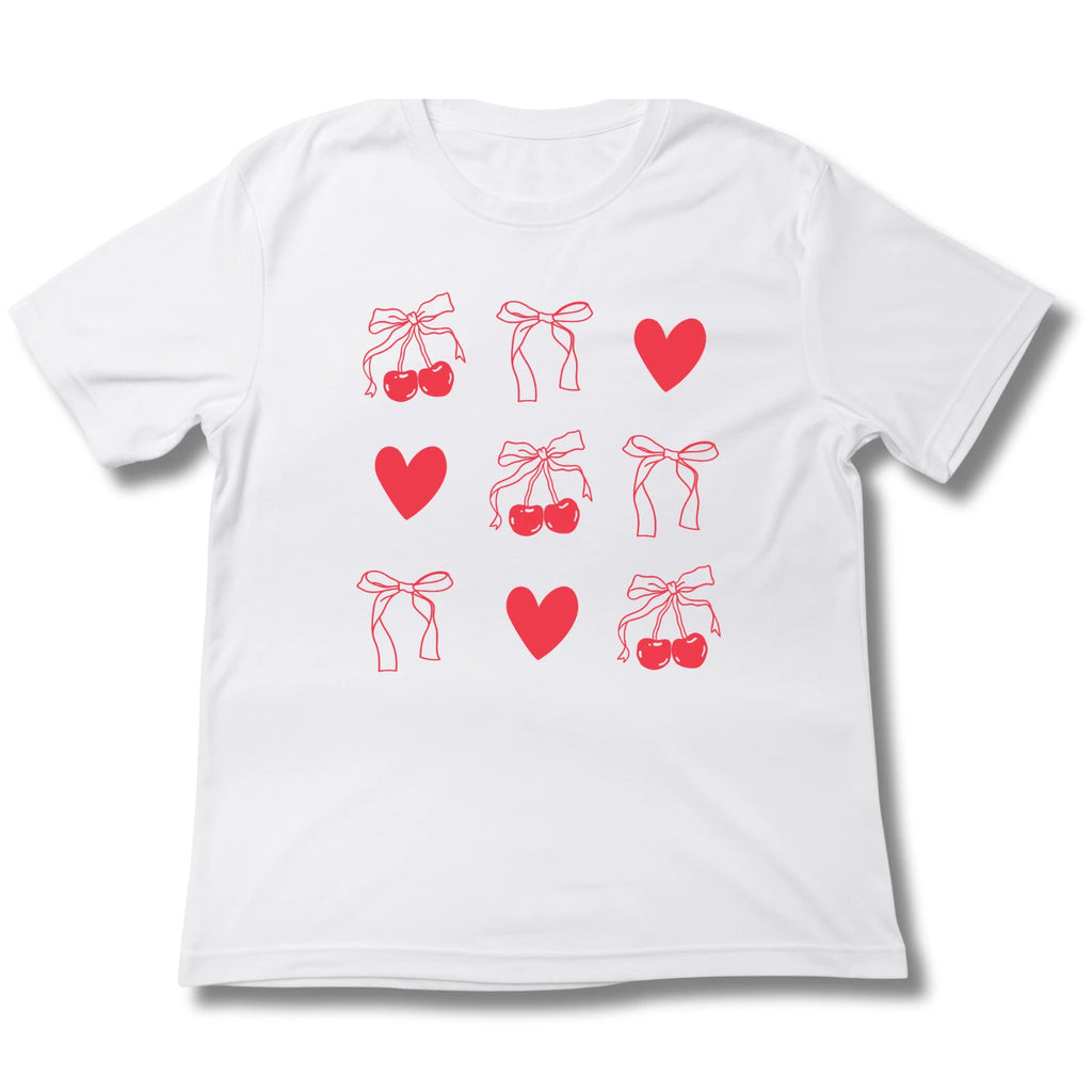 Valentine Cherry Heart Bow T-Shirt Cute Aesthetic Tee Unisex & Youth Black White