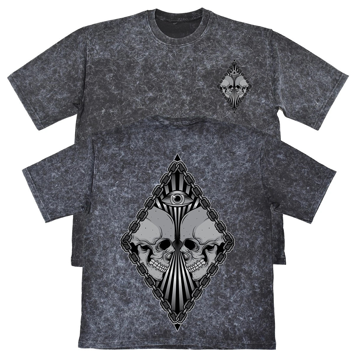 Twin Skulls Eye Unisex Mens Carbon Grey 240gsm French Terry Acid Wash T-Shirt