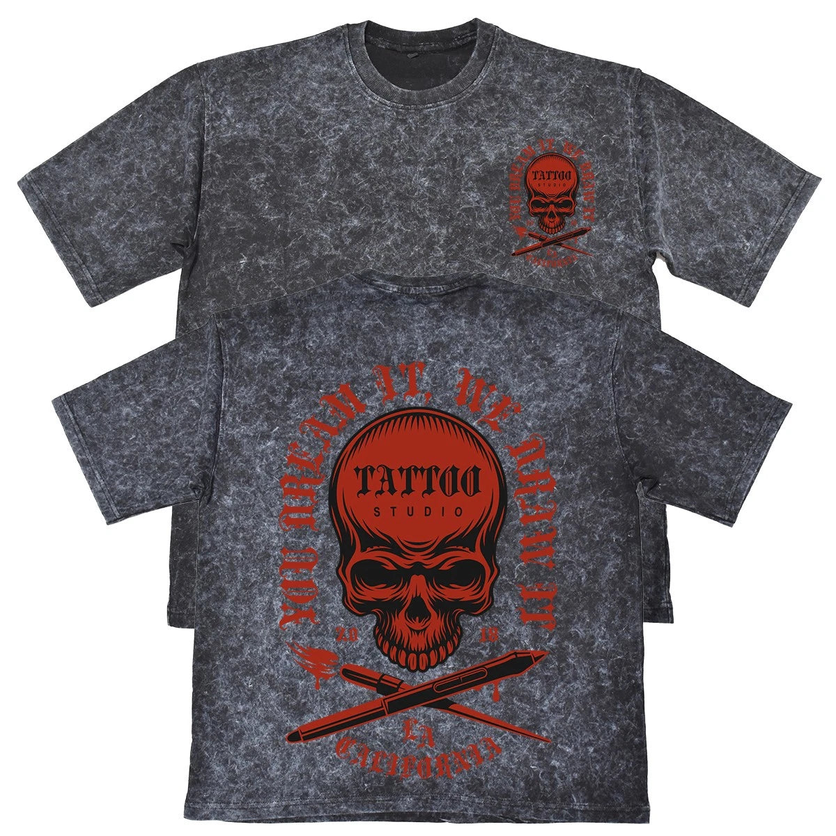 You Dream It We Draw Mens Carbon Grey Heavyweight 240gsm Vintage T-Shirt Tattoo