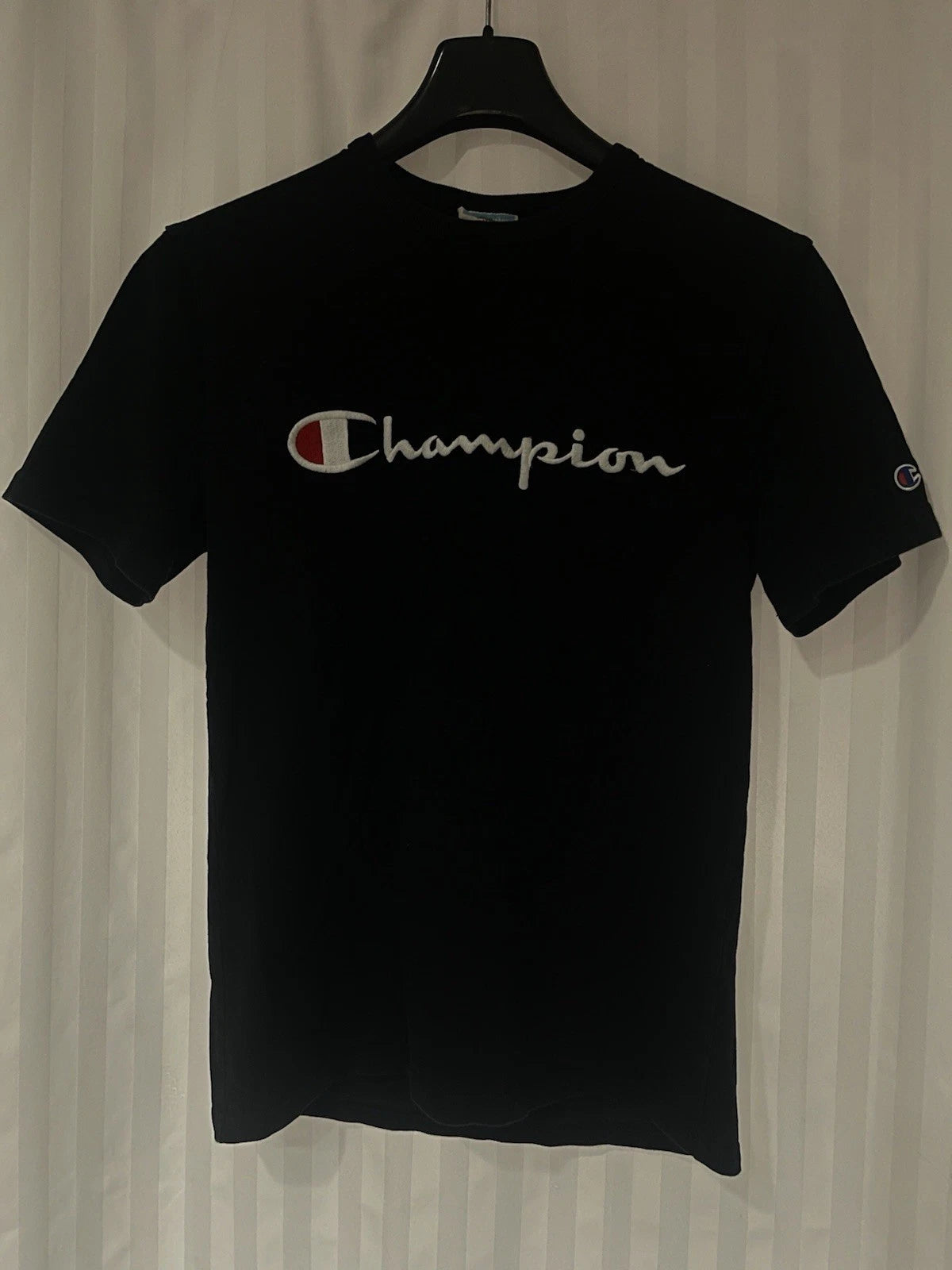 Vintage Champion Embroidered Large Cross Chest Logo T-shirt Black Small Y2K