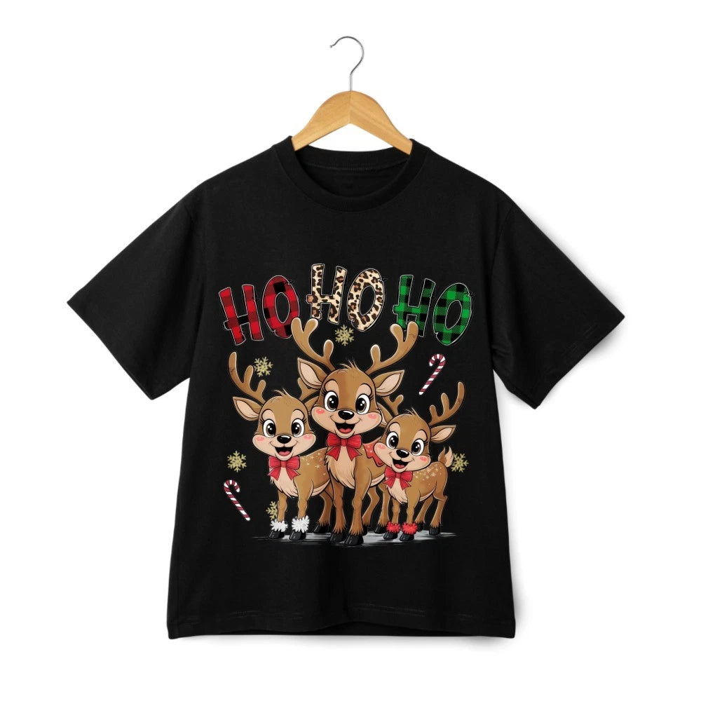 Cute Reindeer Christmas T-Shirt HO HO HO Holiday Cartoon Graphic Tee