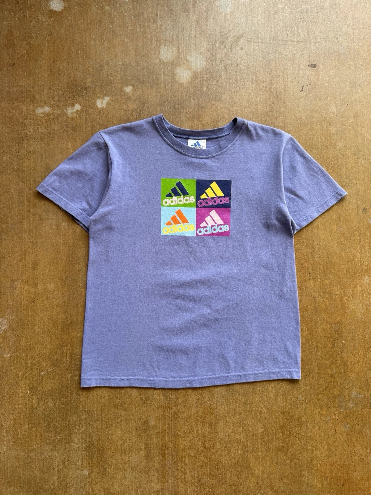 VTG 90s Adidas Lavender Pop Art Multi Logo Andy Warhol Style T-Shirt Small USA