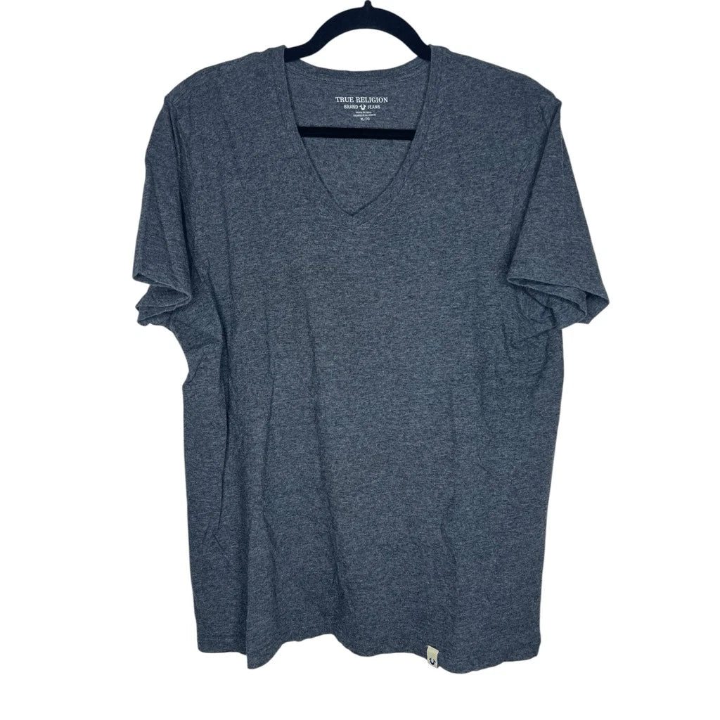 True Religion V-Neck T-Shirt Gray XL 100% Cotton Logo Tag Casual Tee