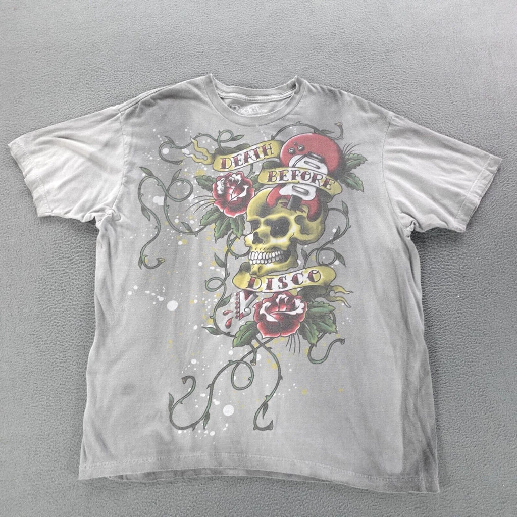 Rock It T Shirt Men's Size L Grunge Y2K Skulls Graphic Gray Short Sleeve