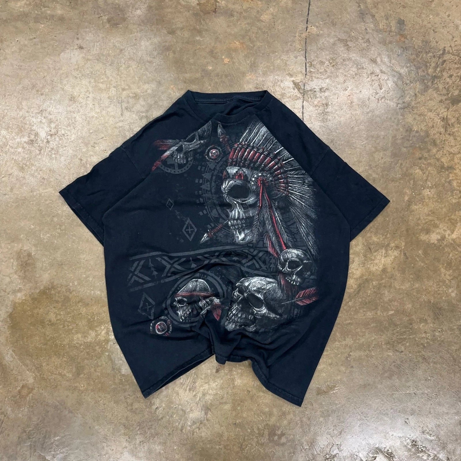 Y2K Native Skull Tribal Grunge Headdress Shirt Size Large Graphic Black