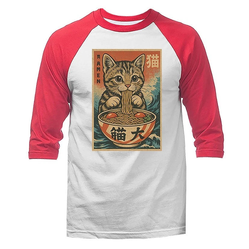 Cat Ramen Noodle Japanese Anime Manga Kawaii Cat Humorous 3/4 Sleeve Raglan
