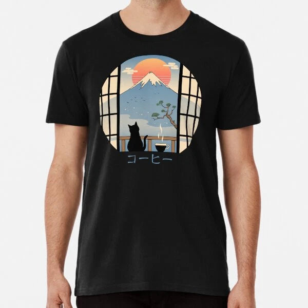 Coffee Cat in Mt. Fuji T-Shirt S-5XL Best T-Shirt