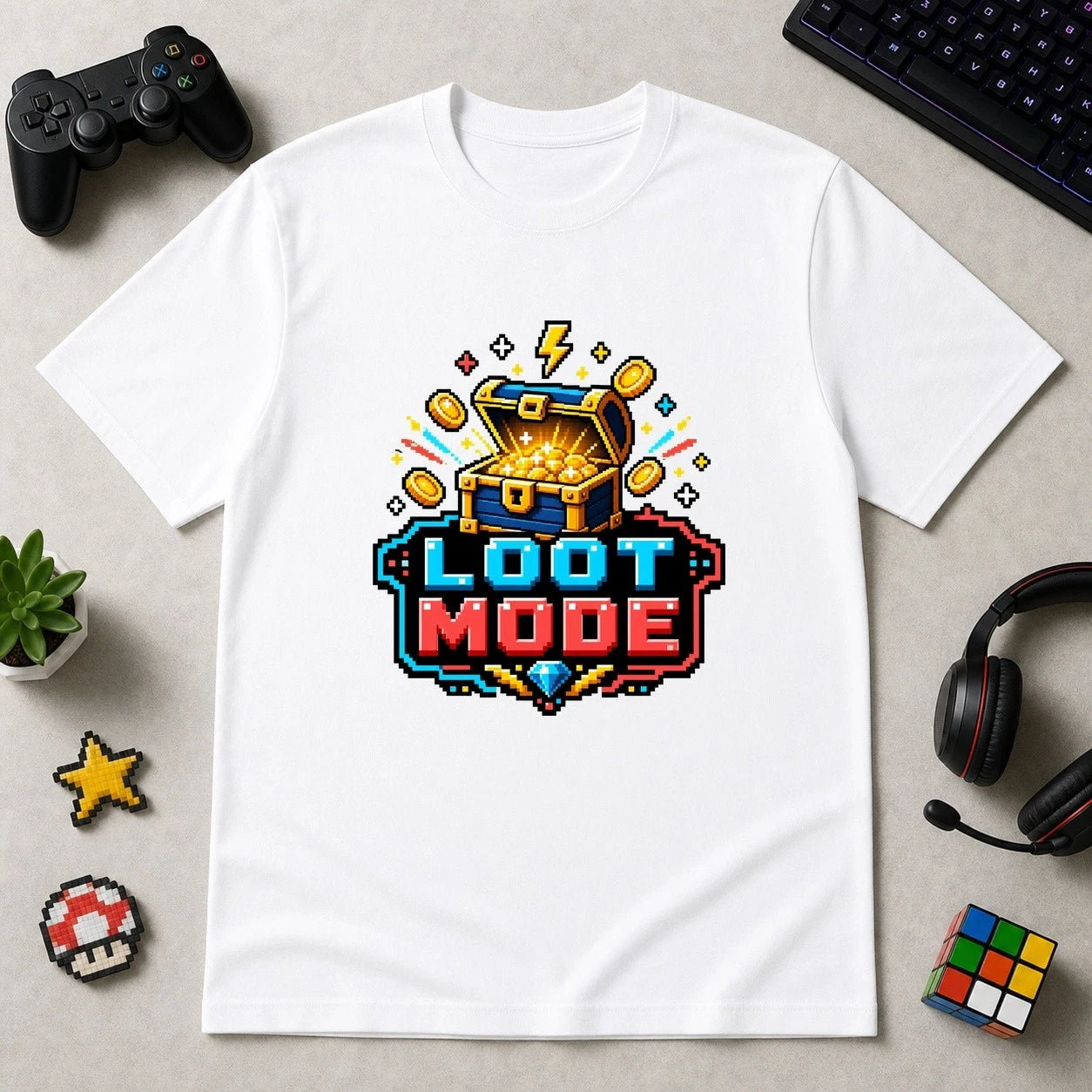 Loot Mode Treasure Chest T-Shirt Retro Pixel Gamer Tee Gift