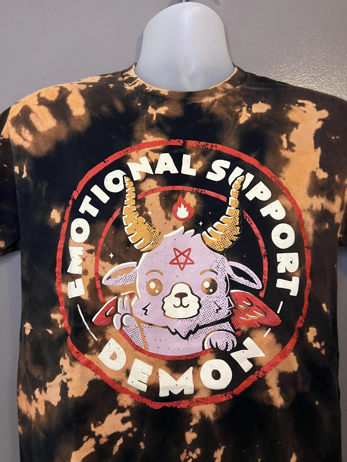 Emotional Support Demon Threadless Shirt Mens Medium Black Bleach Tie Dye Gothic