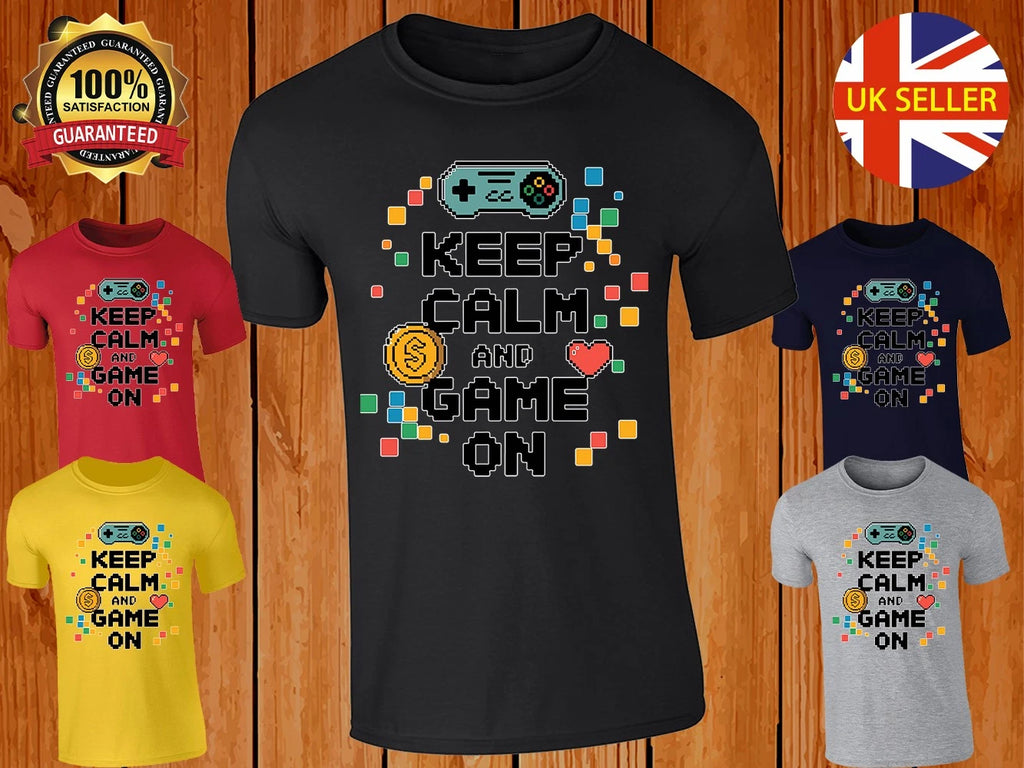 Keep Calm GameT-Shirt Mens Gaming Pixel Retro Gamer Video Game Arcade Nerd Tee