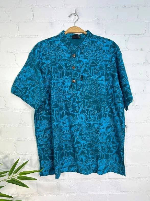 Mens Hippy Blue Mushroom Short Sleeve Gringo Fairtrade  Shirt