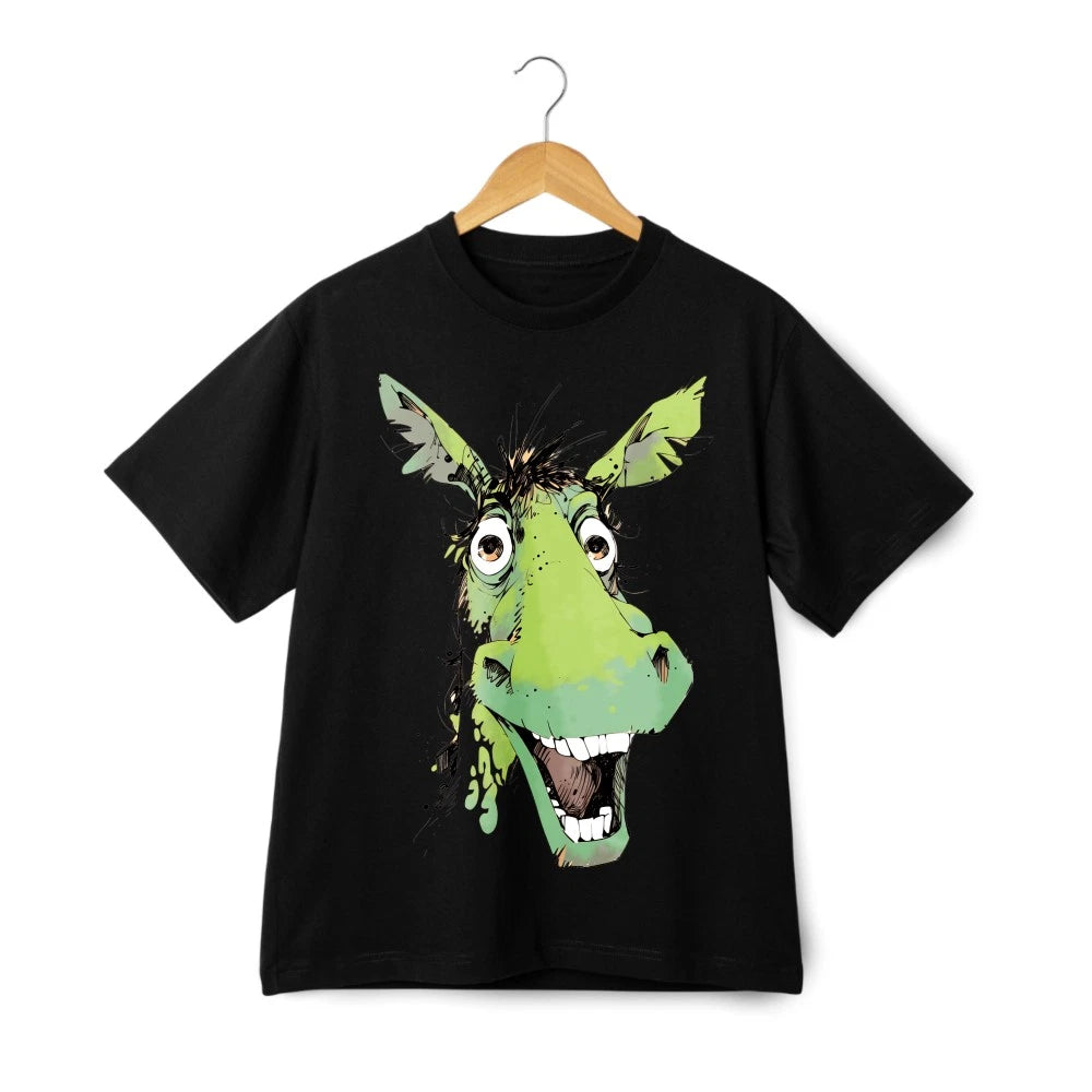 Crazy Green Donkey Cartoon Graphic T-Shirt | Funny Animal Art Unisex Casual Tee