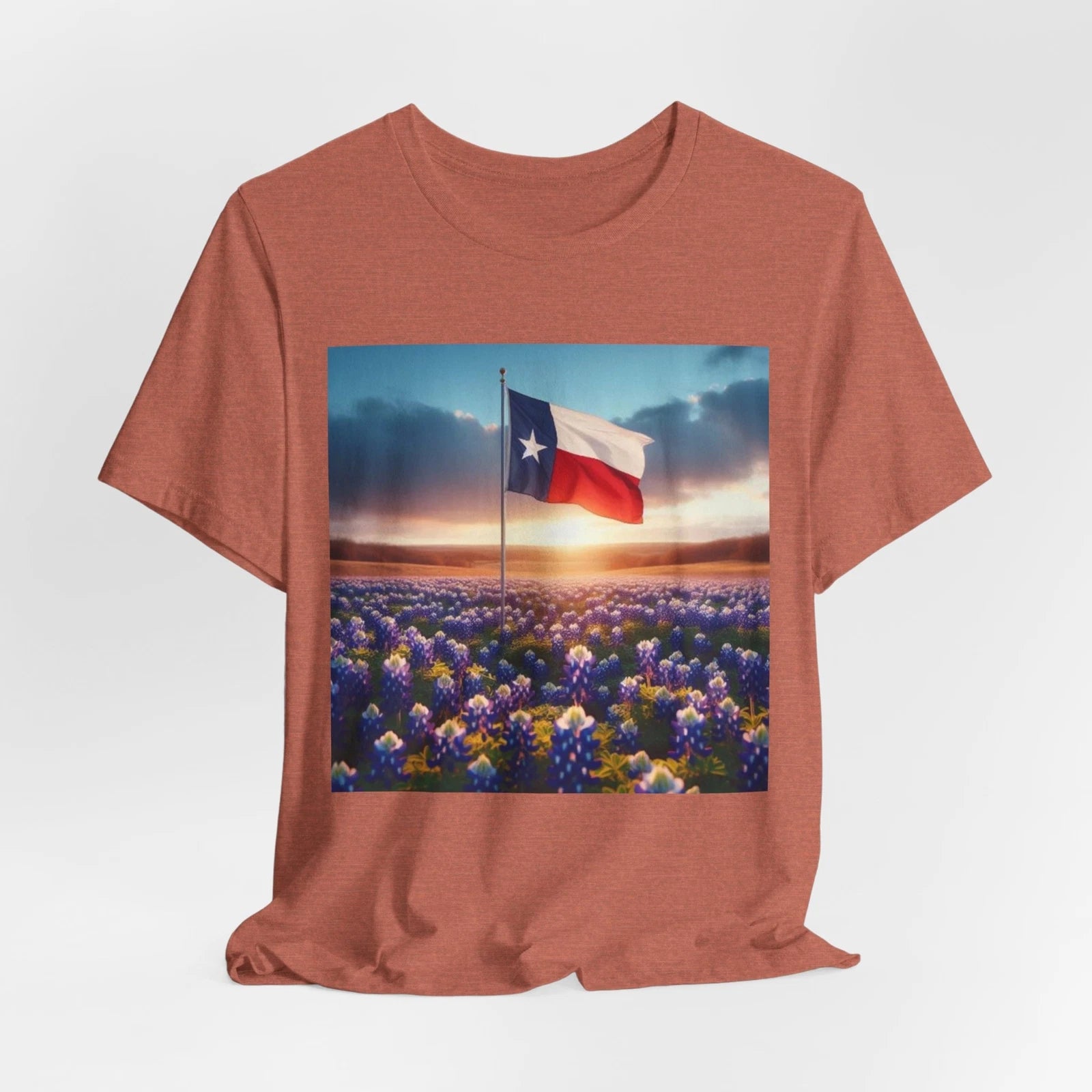 Unisex Jersey Short Sleeve Tee: Texas Flag w/ Bluebonnets