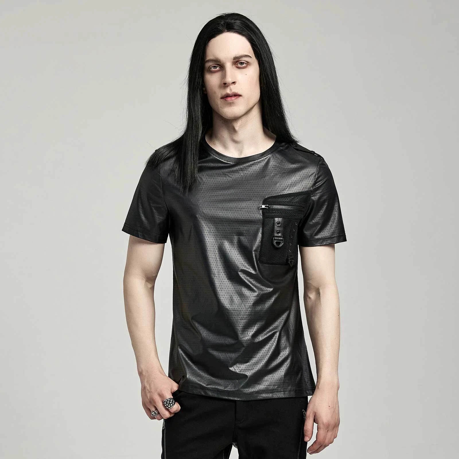 PUNK RAVE Gothic T-Shirt Wet Look Stretch Black Dark Gloss Top CLUBWEAR GOTHIC