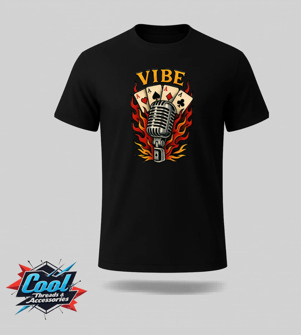 Cool Threads Unisex T Shirt Vibe Microphone Poker Playing Cards Flames Black Whi