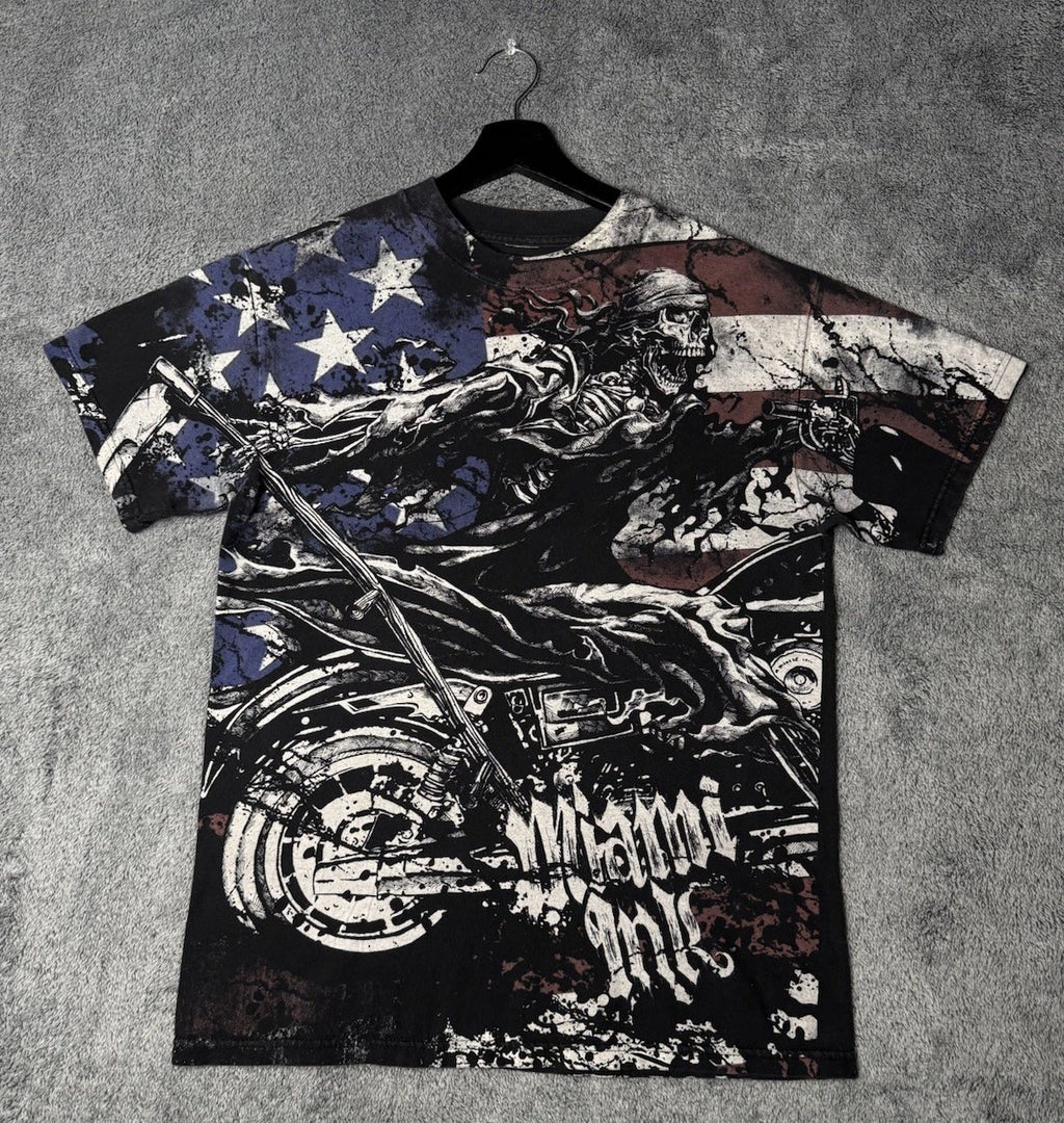 Size Small Men’s Y2K Miami Ink Skull Biker Flag AOP Front Black Shirt