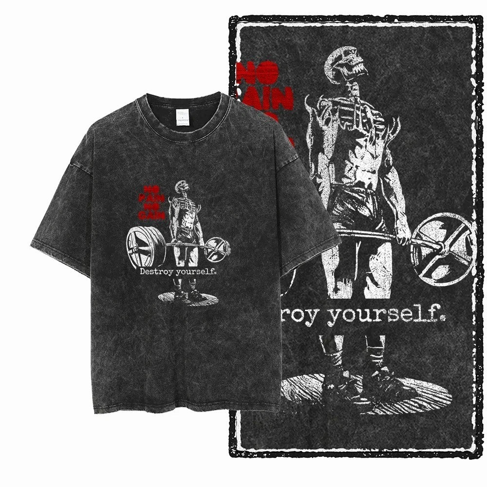Mens Acid Wash Graphic T Shirt YG Bodybuilding Gym Streetwear Cotton Tee