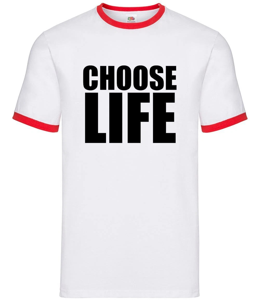 Choose Life - Mens Ringer - Slogan 80s Costume Retro Wham Fancy Dress