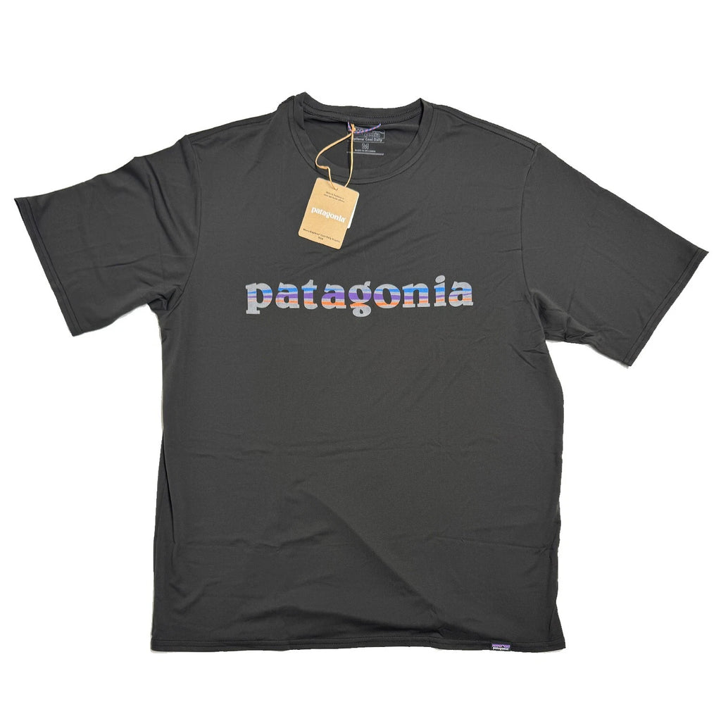 Patagonia Mens Capilene Cool Daily Graphic S/S T-shirt - '73 Text Logo: Black