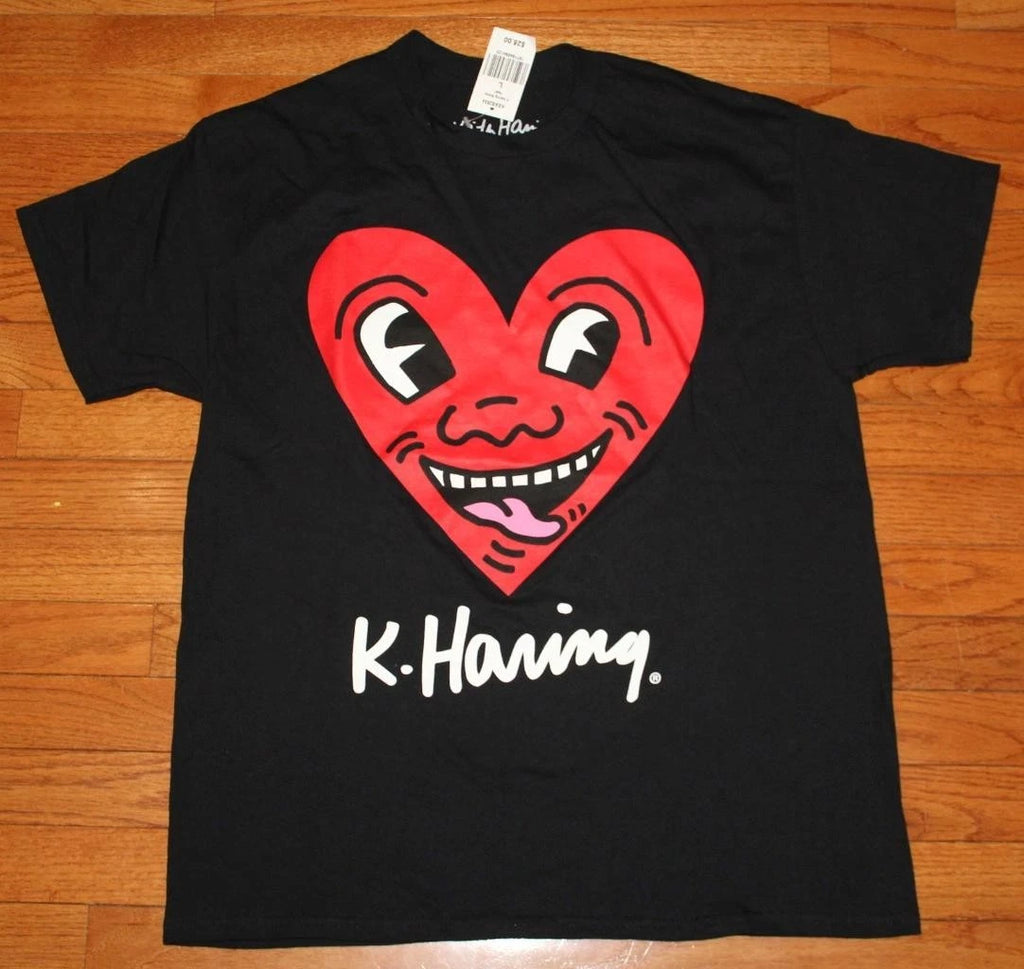 Mens KEITH K. HARING Graphic Tee Black T-Shirt Sz Large SMILEY HEART Pop Art *1M