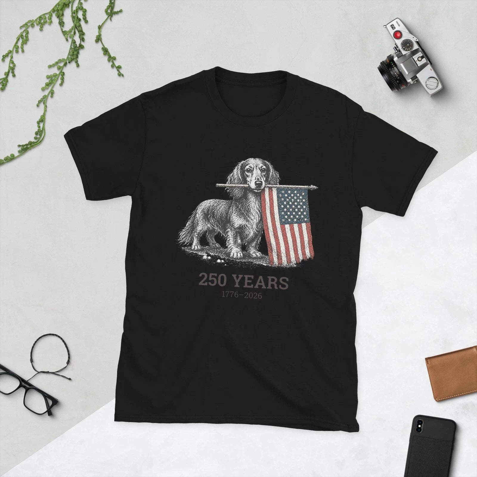 Cute Long Haired Dachshund American Flag 250 Years 1776-2026 T-Shirt