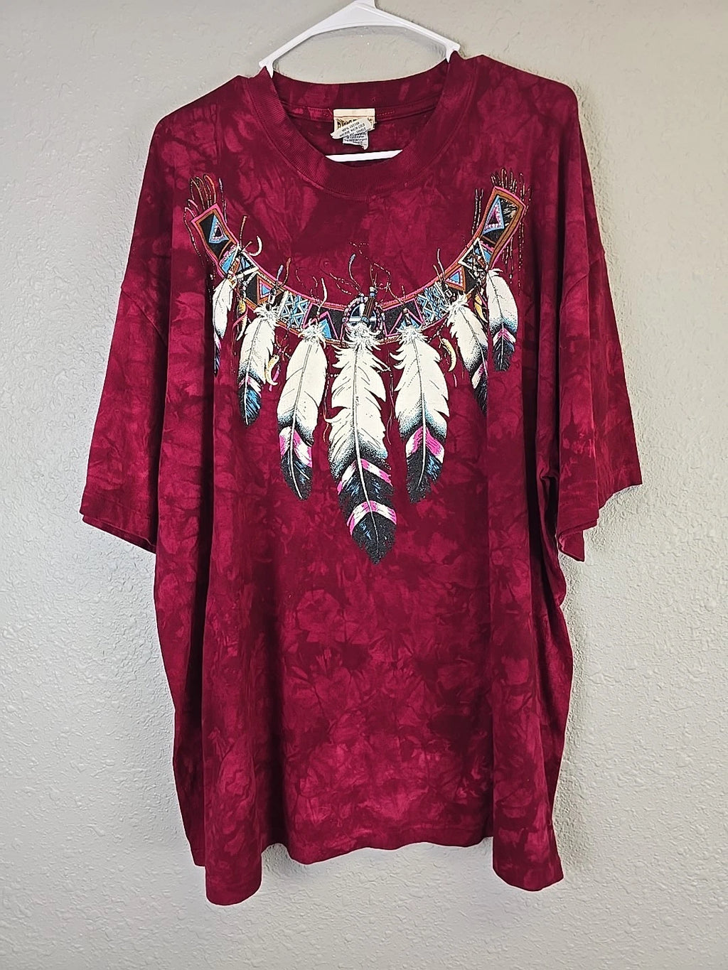 Vintage 90s Ragtops Tie Dye Native Feather Necklace T-Shirt XL Boho Tribal