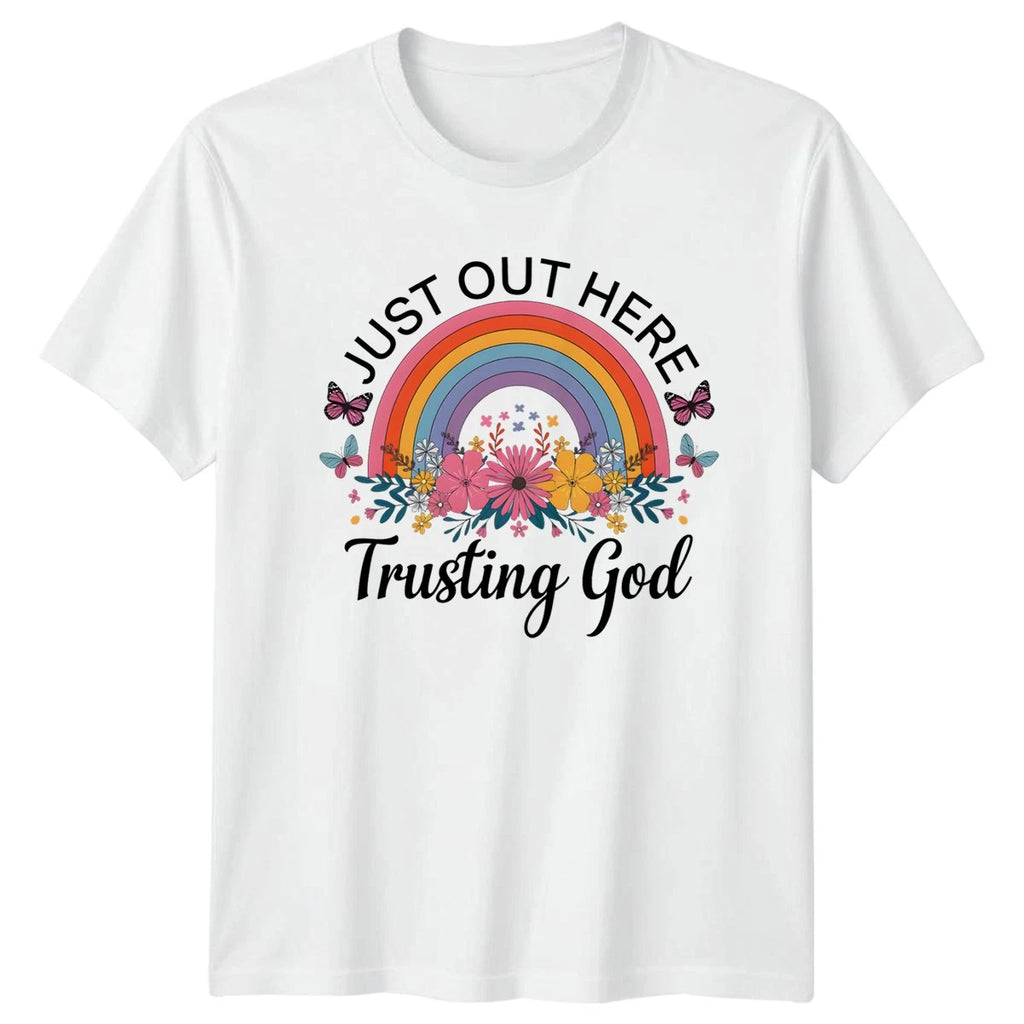 Just Out Here Trusting God Womens T-Shirt Boho Faith Christian 2026 Gift For Her