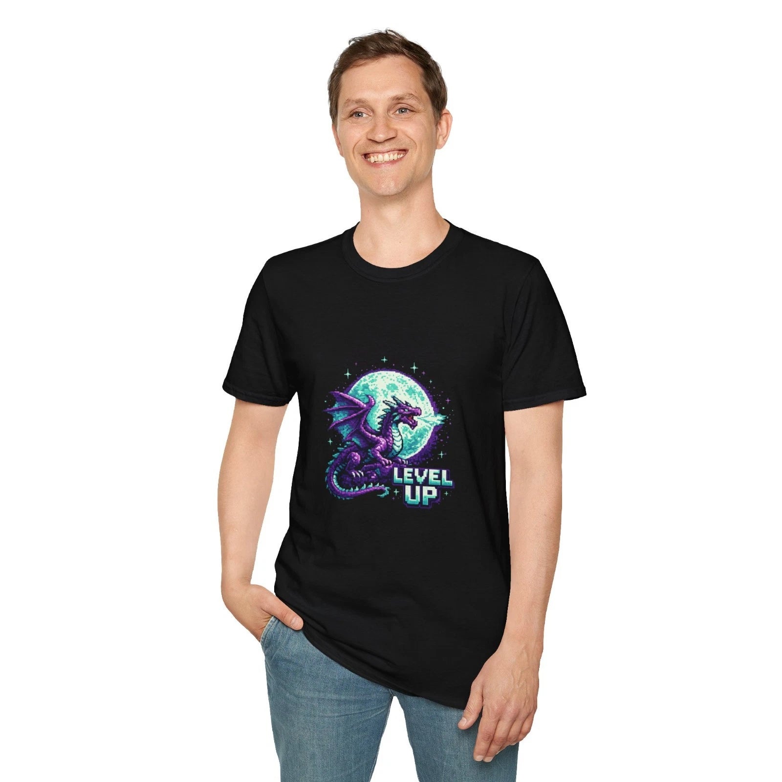 Dragon "Level Up" T-Shirt — Retro Pixel Fantasy Gaming Tee