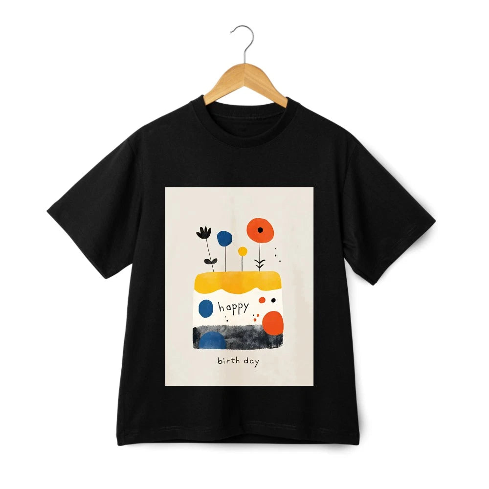 Artistic Birthday Cake Print Tee, Minimalist Creative Birthday-themed |Cartoon