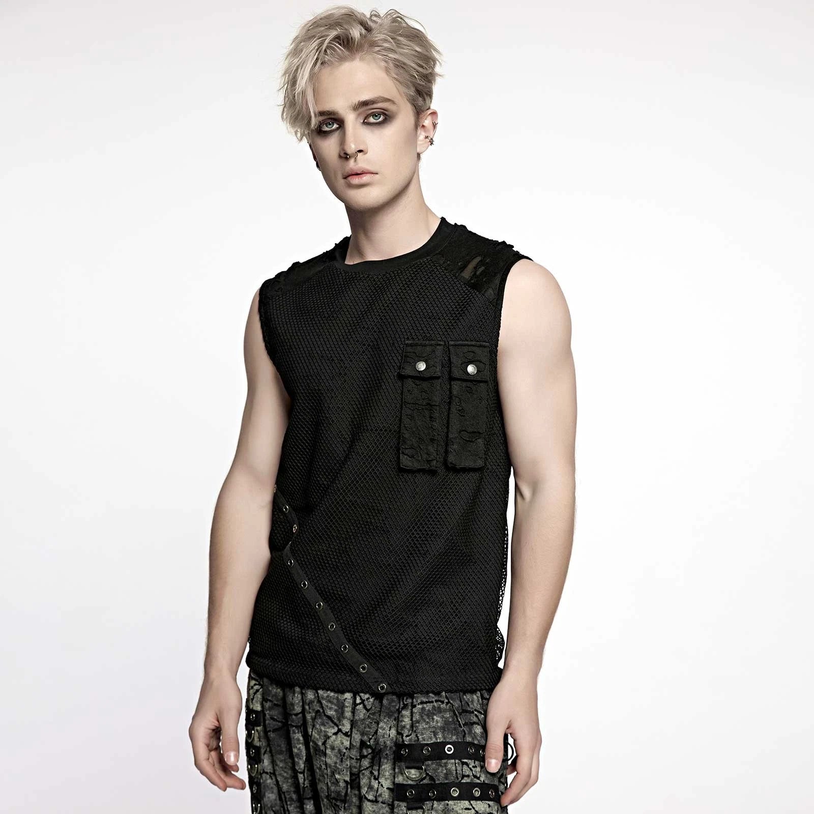 PUNK RAVE Gothic Top Mens Black Sleeveless Fishnet Crank Top Studded Pockets