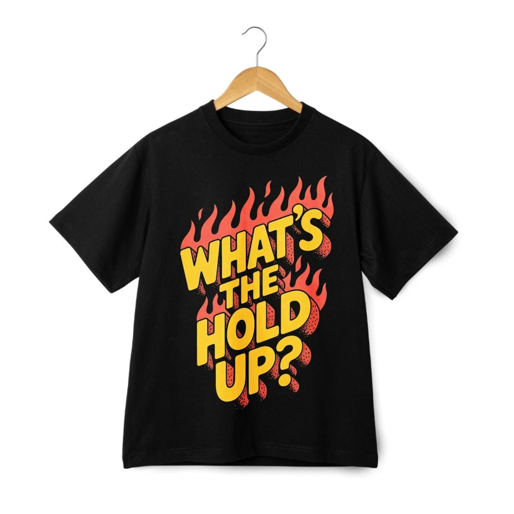 Flame Letter"WHAT'S THE HOLD UP?"Cartoon Anime T-Shirt Trendy Casual Unisex Tee