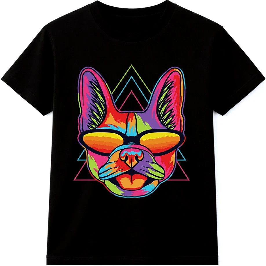 Dog T Shirt Pop Art Sunglasses Graphic Tee Cool Dog Neon Artwork Design Top