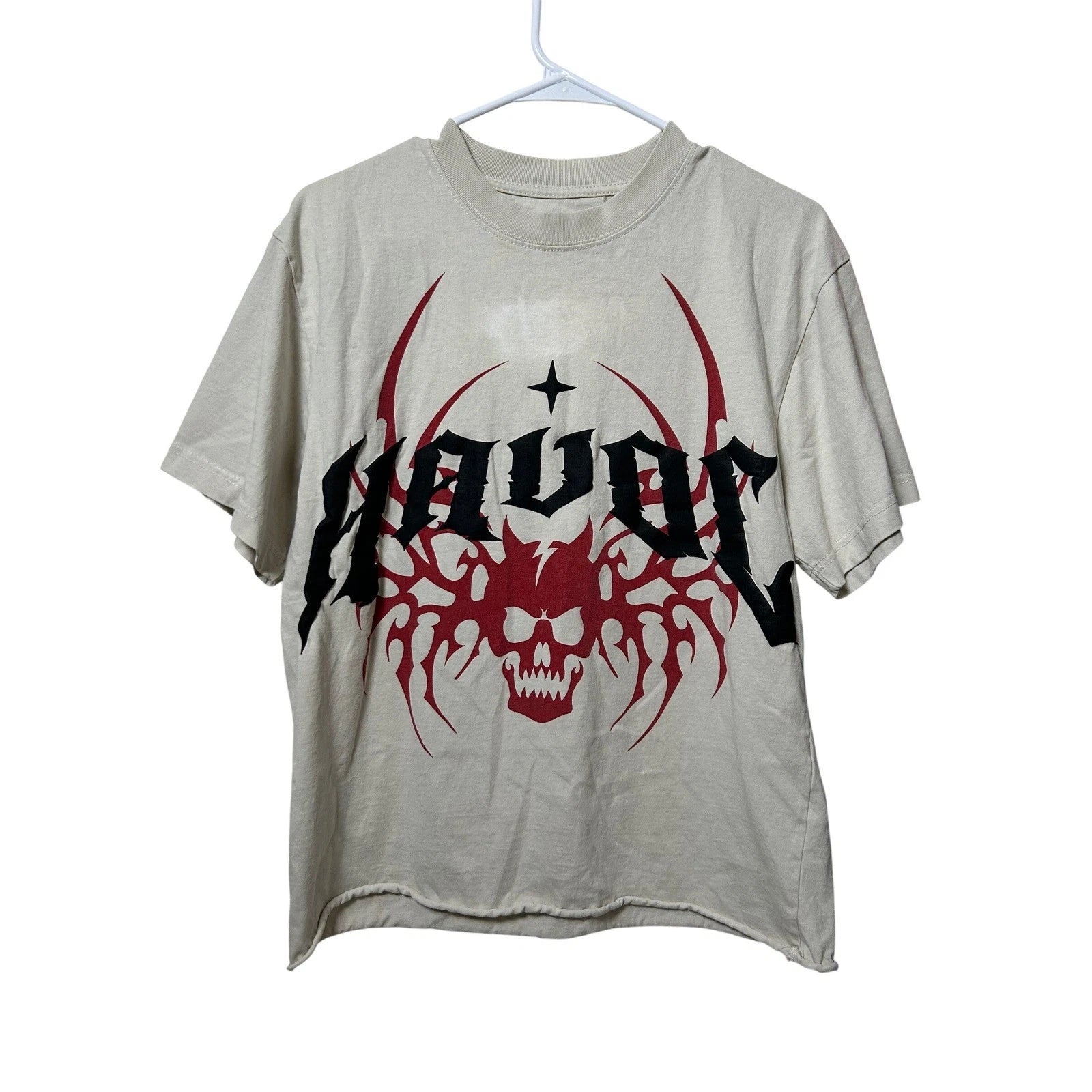 PacSun Havoc Graphic T-Shirt Mens Crop Small Cream Skull Raw Hem Distressed