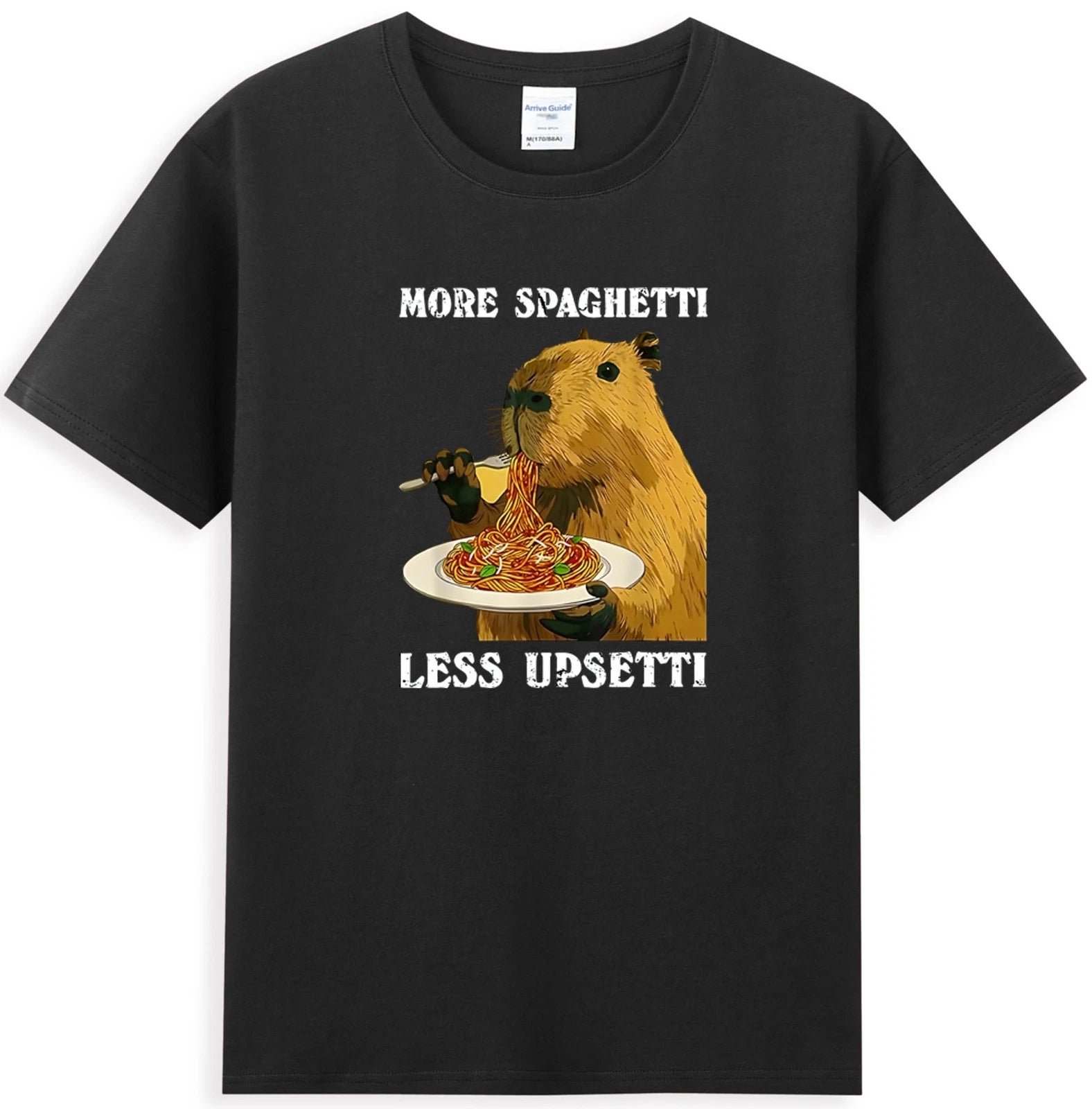 More Spaghetti Less Upsetti Funny Capybara Eating Noodle Graphic T-Shirt