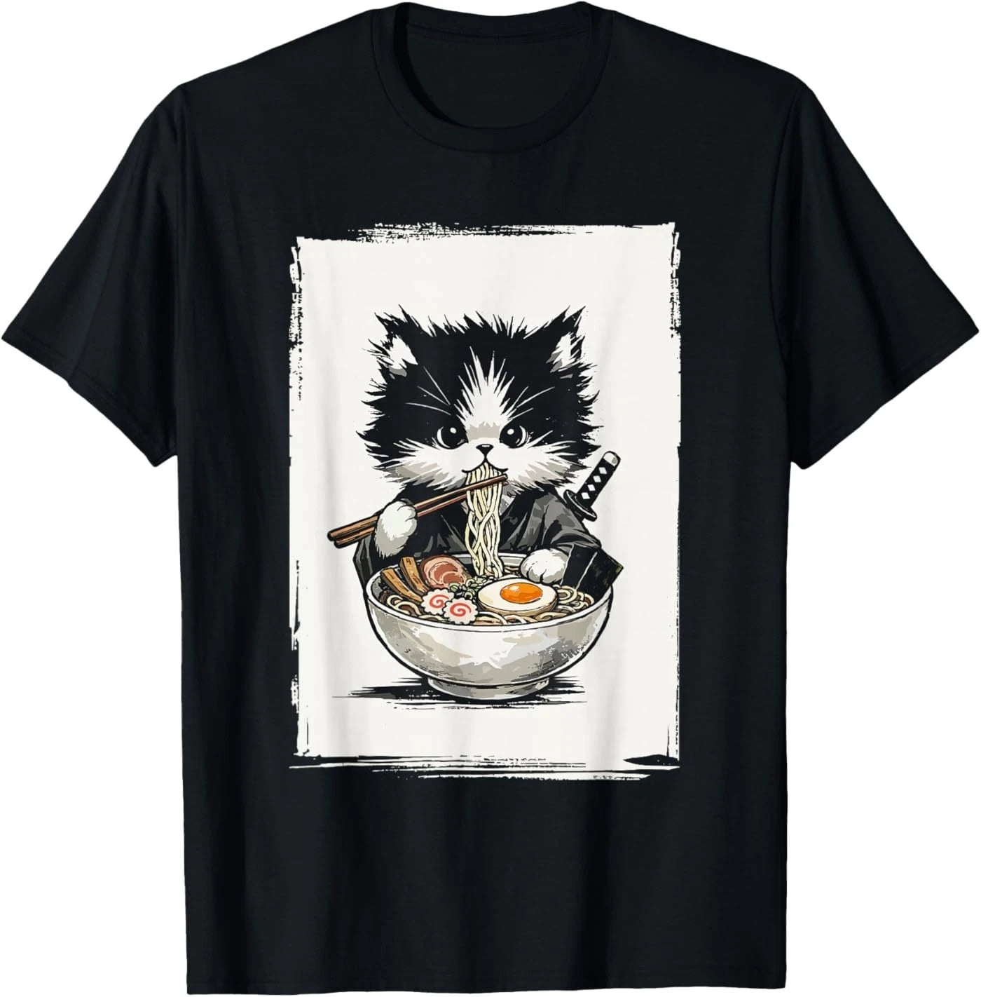 Samurai Cat Japanese Art Ramen Novelty Kawaii Funny Cat T-Shirt