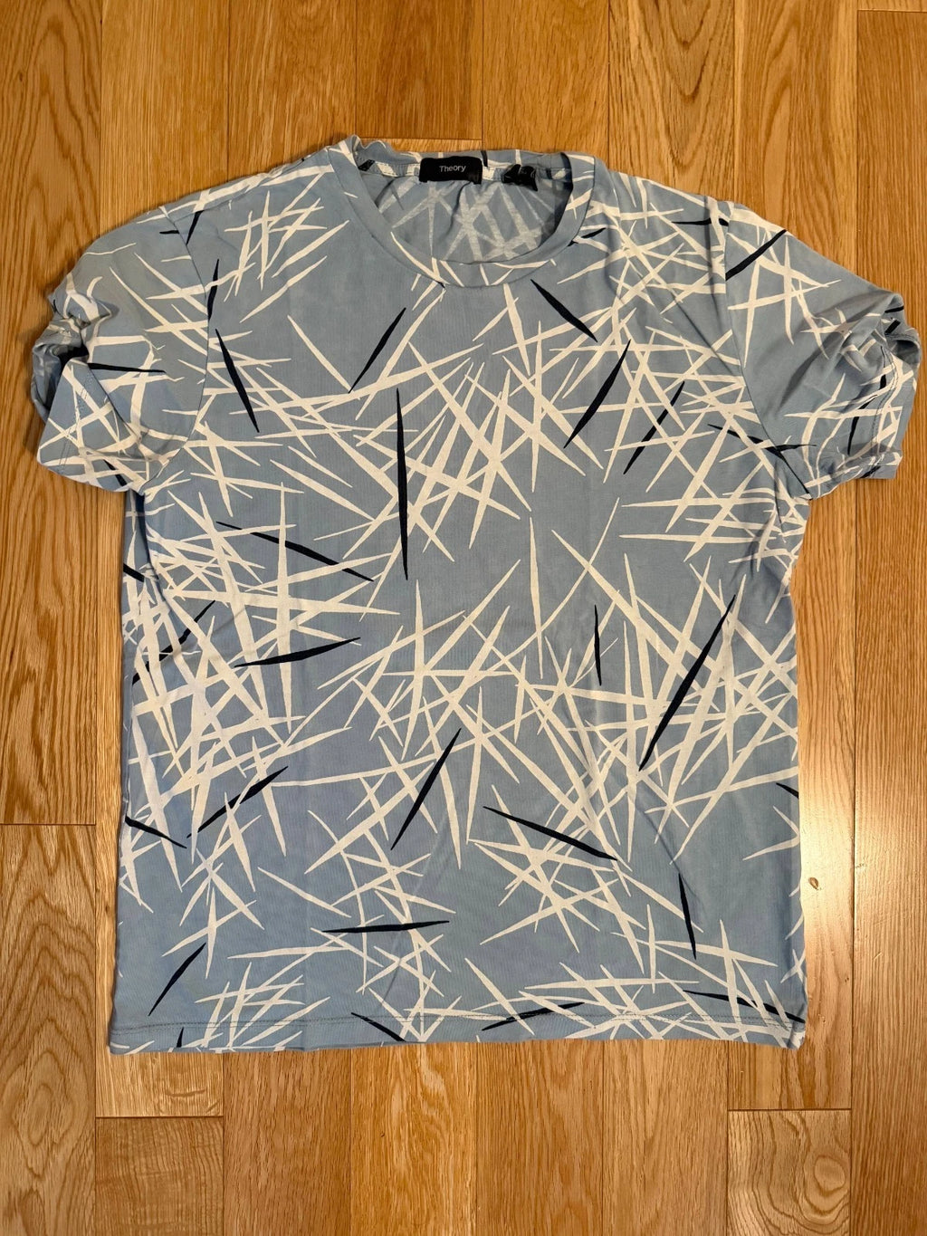 Theory Men’s Small Abstract Print T-Shirt Blue Crew Neck Short Sleeve Tee