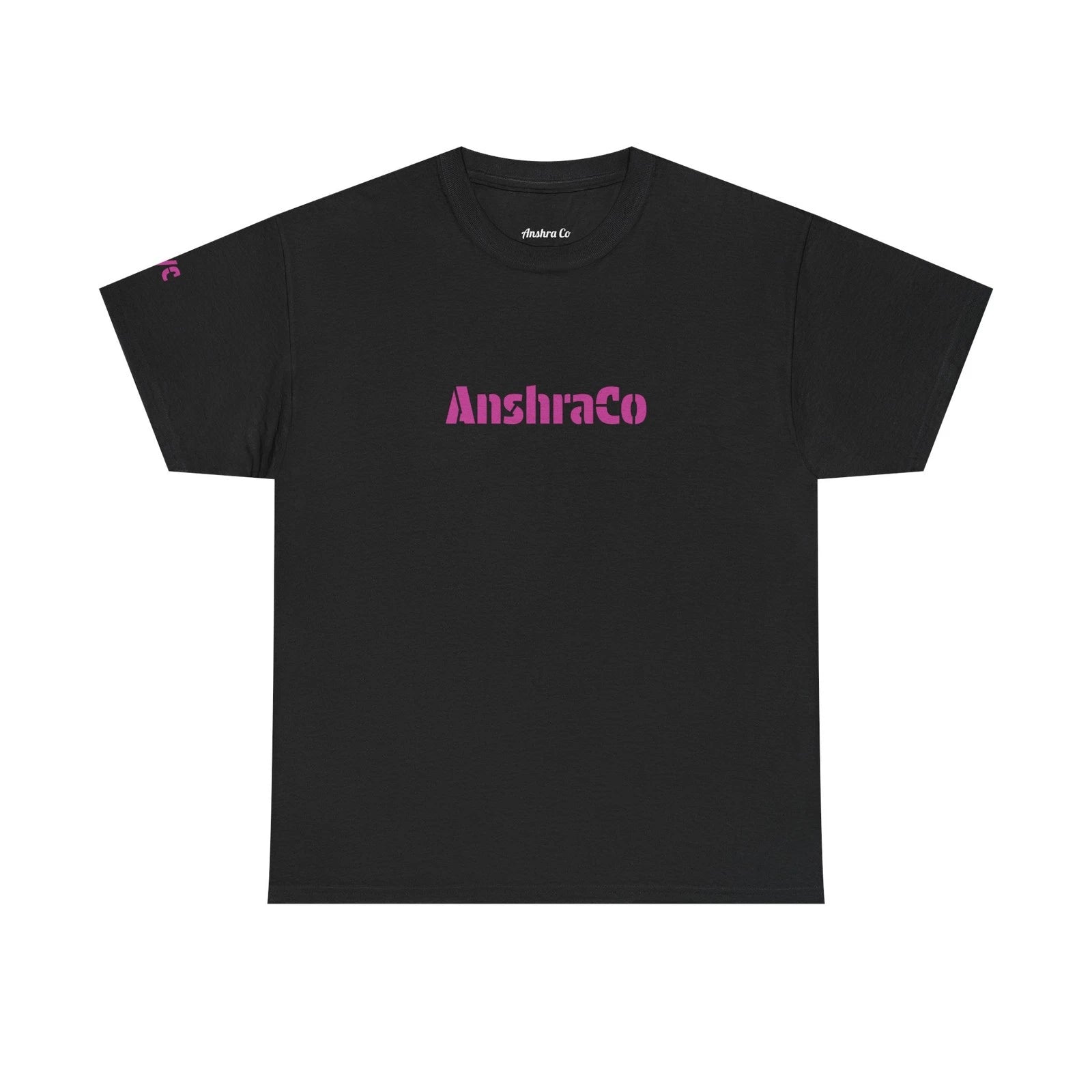 AnshraCo Logo Tee | Black T-Shirt, Pink Text