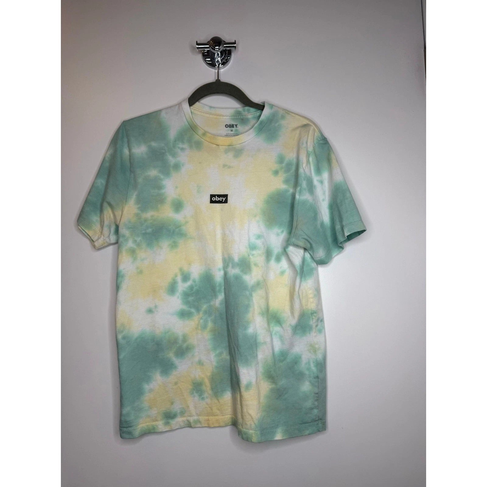 Obey Green Yellow Tie Dye T Shirt M Shepard Fairey Skater Grunge Y2K Streetwear